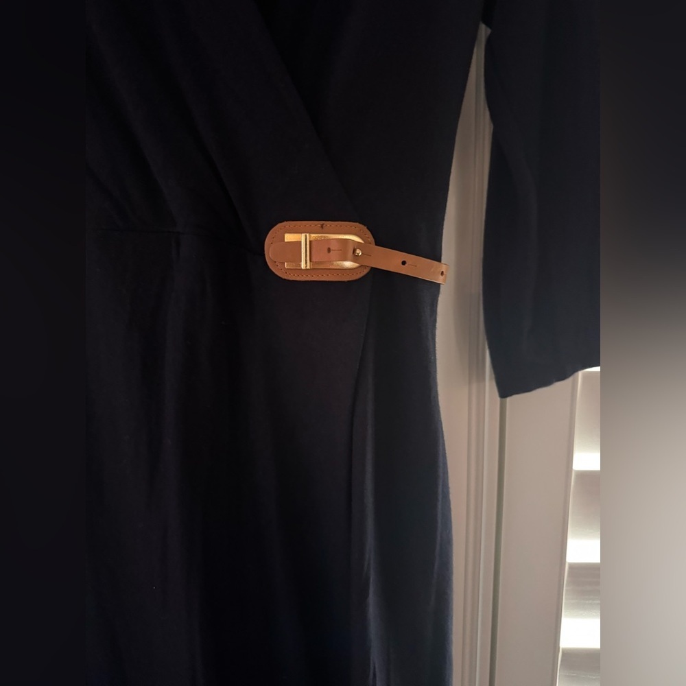 Elegant Navy Blue Dress with Tan Leather Belt Size XS - Picture 3 of 5